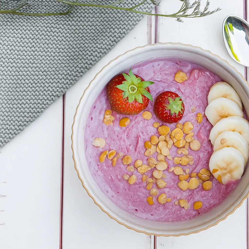 Erdbeer-Protein-Bowl aus gefrorenen Früchten mit dem Sorbet-Sieb